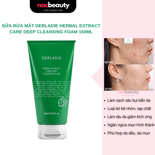 Sữa Rửa Mặt Tràm Trà Sạch Sâu, Kiềm Dầu Derladie Herbal Extract Care Deep Cleansing Foam 150ml
