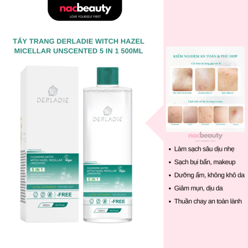 Tẩy Trang Derladie Cleansing Water Thuần Chay Sạch Sâu Witch Hazel Micellar Unscented 5 IN 1 500ml