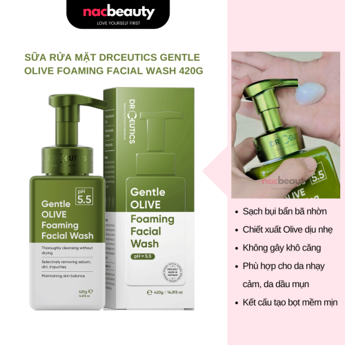 Sữa Rửa Mặt Tạo Bọt Nhẹ, Dịu Da DRCEUTICS Gentle Olive Foaming Facial Wash 420g