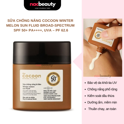 Sữa Chống Nắng Thuần Chay Cocoon Bí Đao Quang Phổ Rộng Winter Melon Sun Fluid Broad-Spectrum SPF 50+ PA++++, UVA – PF 62.6 50ml