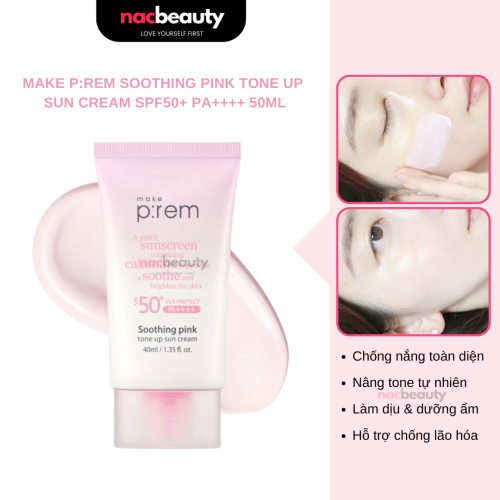 Kem Chống Nắng Make P:rem Nâng Tone Trắng Hồng Soothing Pink Tone Up Sun Cream SPF50+ PA++++ 50ml